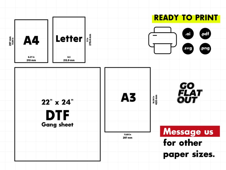 May include: A graphic showing various paper sizes, including A4 (8.27 x 11.69 inches), Letter (8.5 x 11 inches), A3 (11.69 x 16.54 inches), and a 22 x 24 inch DTF gang sheet. The image also includes a printer icon and file type icons.