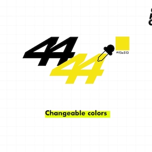 May include: A graphic design featuring the number 44 in black and yellow, with a black eyedropper icon pointing to a yellow color swatch labeled #f5e513. The text GO FLAT OUT appears in the corner, and Changeable colors is below.