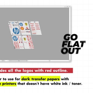 May include: A digital sheet of printable decals featuring various logos including HP, Shell, and Ferrari, with red outlines on a grid background. The text GO FLAT OUT is displayed in bold black letters alongside instructional text.