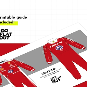 May include: A red racing suit design with the text "LECLERC" and "HP" logos. The image includes the text "Printable guide included!" and "GO FLAT OUT". The guide is for a 2026 Scuderia Ferrari DIY racing suit.
