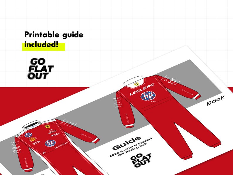 May include: A red racing suit design with the text "LECLERC" and "HP" logos. The image includes the text "Printable guide included!" and "GO FLAT OUT". The guide is for a 2026 Scuderia Ferrari DIY racing suit.