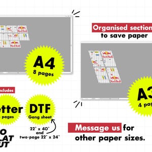 May include: Image showing print layouts for Red Bull designs, including A4 (8 pages), A3 (4 pages), Letter (8 pages), and DTF gang sheet (22" x 40" and two-page 22" x 24") options. Text includes "Organized sections to save paper" and "Message us for other paper sizes."