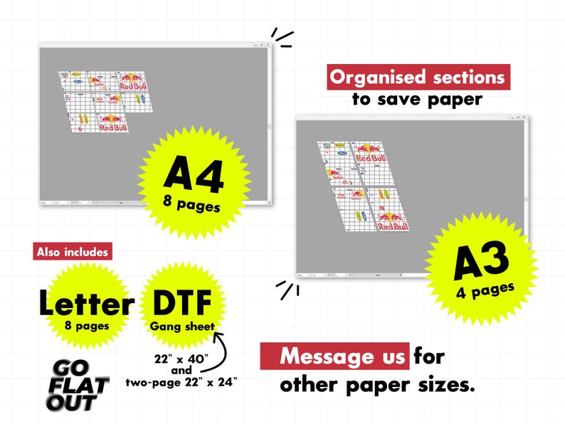 May include: Image showing print layouts for Red Bull designs, including A4 (8 pages), A3 (4 pages), Letter (8 pages), and DTF gang sheet (22" x 40" and two-page 22" x 24") options. Text includes "Organized sections to save paper" and "Message us for other paper sizes."