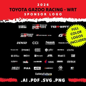 May include: A black graphic featuring the text "2026 TOYOTA GAZOO RACING - WRT SPONSOR LOGO" in white and red. The image includes multiple sponsor logos and the text "FULL COLOR LOGOS INCLUDED". File formats .AI .PDF .SVG .PNG are listed.