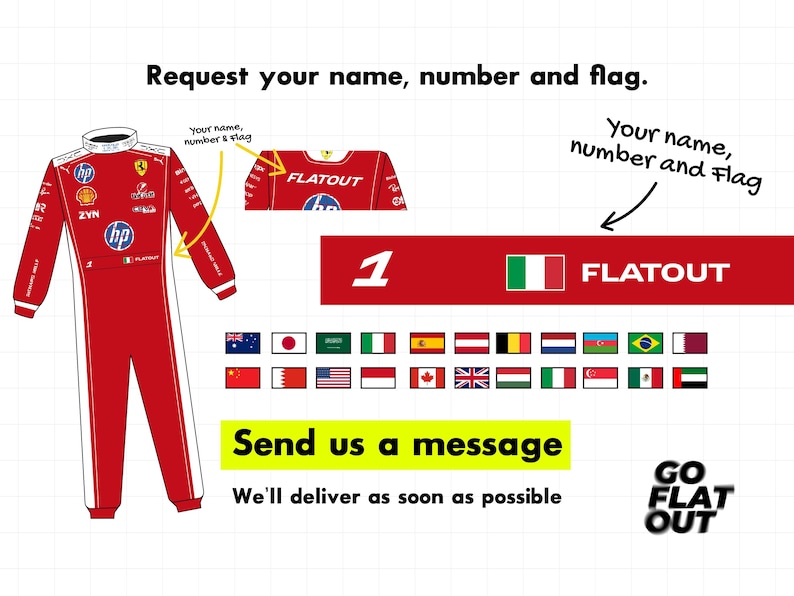 May include: A red racing suit featuring white side stripes, various sponsor logos, and the text "FLATOUT". The image includes a selection of national flags, instructions to request a name, number, and flag, and the text "Send us a message".