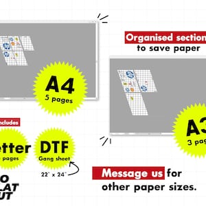 May include: Image showing print layouts for A4, A3, and Letter paper sizes, with the text "Organised sections to save paper." The DTF gang sheet is 22" x 24". The image also includes the text "Message us for other paper sizes."