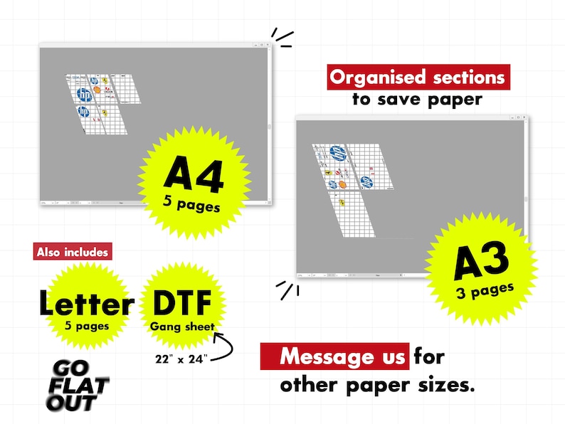May include: Image showing print layouts for A4, A3, and Letter paper sizes, with the text "Organised sections to save paper." The DTF gang sheet is 22" x 24". The image also includes the text "Message us for other paper sizes."
