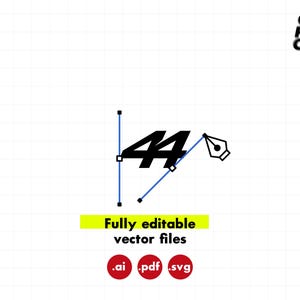 May include: A black graphic of the number 44 with blue vector anchor points and a pen tool icon. Text reads GO FLAT OUT, Fully editable vector files, and includes red circular icons labeled .ai, .pdf, and .svg on a white grid background.