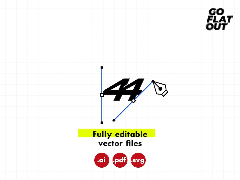 May include: A black graphic of the number 44 with blue vector anchor points and a pen tool icon. Text reads GO FLAT OUT, Fully editable vector files, and includes red circular icons labeled .ai, .pdf, and .svg on a white grid background.