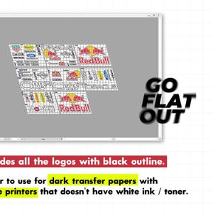 May include: A digital graphic featuring multiple logos with black outlines, including "Red Bull" and "Oracle." The image includes the text "GO FLAT OUT" and instructions for use with dark transfer papers and home printers.