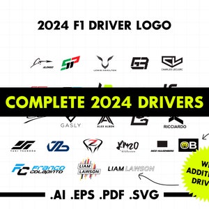 Puede incluir: Una colección de logotipos para los pilotos de Fórmula 1 para la temporada 2024. Los logotipos son en blanco y negro con algunos acentos de color. Los logotipos están dispuestos en una cuadrícula. El texto "COMPLETE 2024 DRIVERS" está en la parte superior de la imagen. El texto ".AI .EPS .PDF .SVG" está en la parte inferior de la imagen. El texto "WITH ADDITIONAL DRIVERS" está en una forma de estrella amarilla en la parte inferior derecha de la imagen.