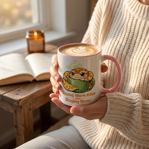 Könnte beinhalten: Ein weißer Keramikbecher mit rosa Rand und Henkel, verziert mit einer Cartoon-Illustration einer Schlange in einer grünen Tasse. Der Text lautet Sipping Warm Vibes and Staying Home. Der Becher ist mit einem Latte mit weißem Blattmuster gefüllt.