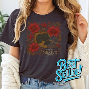 Vintage Golf von Mexiko Karte Botanisches Blumen-T-Shirt Mexikanisches Erbe-Geschichtsliebhaber Lateinische Kulturkarte-T-Stück 1550 Ausgabe