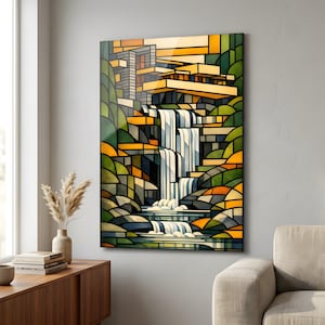 Op de afbeelding: Een kleurrijke, geometrische kunstprint die een waterval afbeeldt. Het kunstwerk heeft een palet van groen, oranje, geel en blauw, waardoor een levendig en gestileerd landschap ontstaat. De print is aan een muur bevestigd en voegt een vleugje door de natuur geïnspireerde kunst toe aan de ruimte.