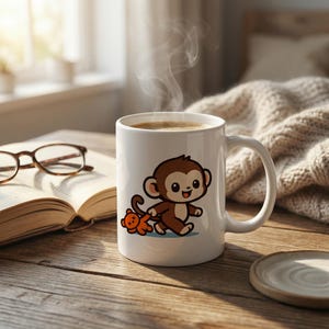 May include: White ceramic mug with a cartoon monkey and an orange toy. The mug contains a hot drink, with steam rising. The mug is on a wooden table next to an open book and a pair of glasses.