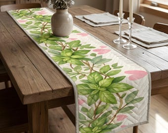 Botanical Quilted Table Runner: Spring Herb Garden Decor for Plant Based Living Enthusiasts - Mother's Day Kitchen Gift