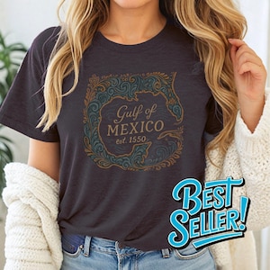 Carte du golfe du Mexique Boho T-shirt marin cachemire vintage explorateur côtier art floral dessiné à la main T-shirt imprimé bohème exclusif
