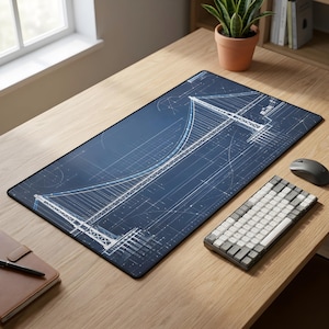 Könnte beinhalten: Rechteckiges blaues Mauspad mit weißem Bauplan eines Hängebrücken-Designs. Das Mauspad liegt auf einem Holztisch neben einer Tastatur, einer Maus und einem Notizbuch.