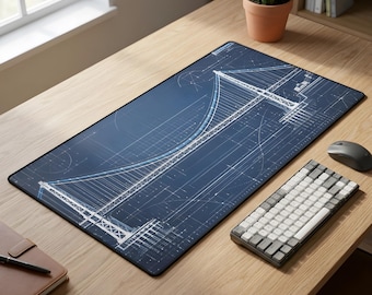 May include: A rectangular blue mousepad featuring a detailed white blueprint design of a suspension bridge. The mousepad is on a wooden desk, next to a keyboard, mouse, and a notebook.