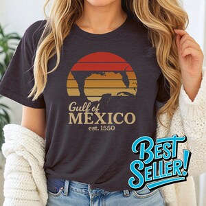 T-shirt coucher de soleil rétro carte du golfe du Mexique souvenir vintage héritage côtier Floride Texas voyageur vêtements de plage haut nautique historique audacieux