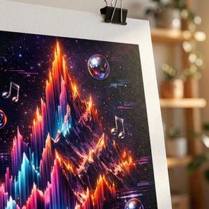 May include: A colourful print depicting an abstract mountain range in shades of orange, blue, and purple. Musical notes and iridescent orbs are set against a dark, starry backdrop. The artwork is secured with a black binder clip.