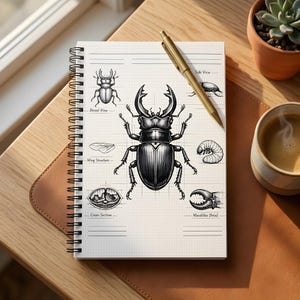 May include: A notebook with a detailed black and white illustration of a stag beetle, including various views and anatomical details. A gold pen lies across the open pages. A cup of coffee and a small potted succulent are also visible in the image.