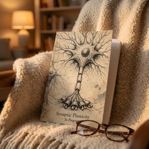 Può includere: Un taccuino con un'illustrazione dettagliata di un neurone, con il testo "Synaptic Plasticity In Progress". Il taccuino è aperto, rivelando pagine bianche. Occhiali tartarugati sono appoggiati sotto su una coperta color crema.