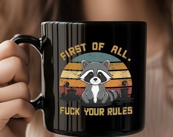 Taza divertida de mapache con cita sarcástica, regalo de diseño animal retro, artículos únicos para amigos y amantes del café.