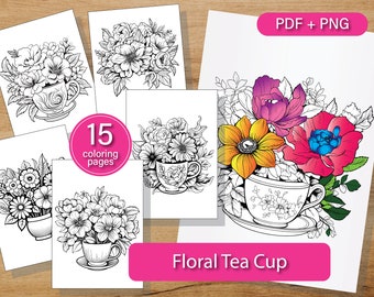 15 Cup Mit Blumen Malseiten, Botanische Malvorlagen, Instant Download PDF
