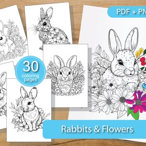 30 Rabbits With Flowers Coloring Pages for Adults and Kids, Instant Download, Printable PDF, PNG no background, Easter Coloring