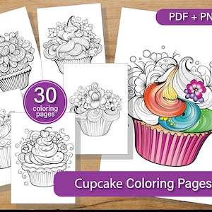 カップケーキの塗り絵、花のモチーフ、カップケーキのアクティビティシート、カップケーキのダウンロード、即時ダウンロード、印刷可能な PDF、背景なしの PNG