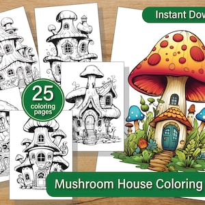 25 Mushroom Houses Coloring Pages, Grayscale Fantasy Tree Houses, Magical Fairy Coloring for adults and kids,Instant Download,Printable PDF