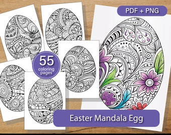 55 målarbilder med mandala och påskägg: PDF och PNG (digital nedladdning)