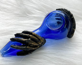 3.7 inch Devil's Claw pipe, blue pipe, hand blown, unique gift for her, glass pipe, glass pipe