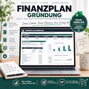 Könnte beinhalten: Eine digitale Finanzplan-Vorlage für Unternehmensgründungen auf einem Laptop-Bildschirm. Die Benutzeroberfläche zeigt Tabellen, Balkendiagramme und Finanzdaten in Euro. Ergänzt durch ein Spiralnotizbuch mit handschriftlichen Notizen und eine Tasse.