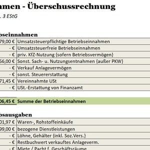 Könnte beinhalten: Ein detailliertes deutsches Finanzdokument, "Einnahmen - Überschussrechnung" für 2024, das Einnahmen und Ausgaben auflistet. Es enthält Abschnitte für Betriebseinnahmen und Betriebsausgaben, mit spezifischen Euro-Beträgen.