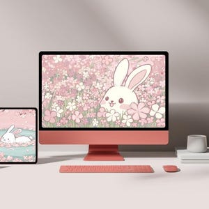 Fondo de pantalla de conejitos florales de color rosa pastel Sakura, lindo fondo de pantalla de conejito kawaii de estética primaveral lofi para niñas, fondos 4k para descargar