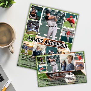 May include: A collage of baseball-themed photographs featuring a player in uniform, with the name JAMES ANDERSON printed in bold black letters. The design includes a grass background, a baseball graphic, and a printed message from parents.