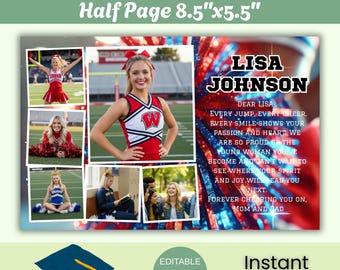 Könnte beinhalten: Eine Vorlagenanzeige für ein Jahrbuch mit grünem Hintergrund und dem Text "Yearbook AD Template Half Page 8.5"x5.5"". Die Vorlage enthält Fotos einer Cheerleaderin, den Text "LISA JOHNSON" und die Worte "Instant Download".