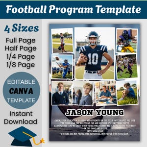 Può includere: Un modello di programma di football con diversi spazi per foto, il nome JASON YOUNG e un messaggio personale. Il design include il testo 4 Sizes, Full Page, Half Page, 1/4 Page, 1/8 Page, Editable Canva Template e Instant Download.