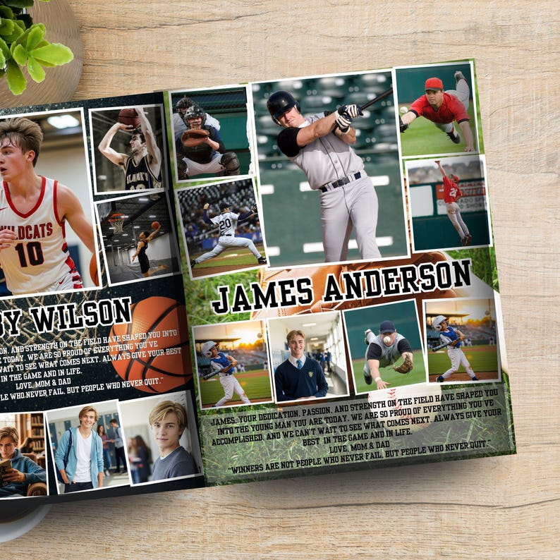 May include: A custom photo collage print featuring multiple action shots of athletes playing baseball and basketball. The design includes the names James Anderson and Wilson, along with printed text messages from parents, set against a sports-themed background.
