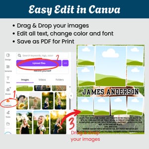May include: A digital template for Canva featuring instructions to drag and drop images, edit text, and save as a PDF. The interface shows an upload menu and a photo collage layout with the name JAMES ANDERSON and a baseball-themed background.