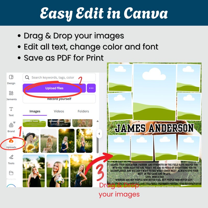 May include: A digital template for Canva featuring instructions to drag and drop images, edit text, and save as a PDF. The interface shows an upload menu and a photo collage layout with the name JAMES ANDERSON and a baseball-themed background.