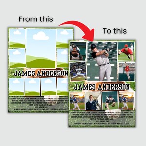 May include: A baseball-themed photo collage template featuring the name JAMES ANDERSON in bold black letters. The design includes multiple frames for photos, a baseball graphic, and a printed message about dedication, passion, and strength.