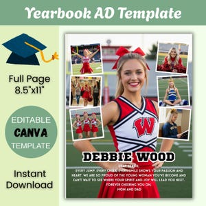 May include: Yearbook ad template with a cheerleader theme. The design includes a photo collage, the name "Debbie Wood", and the text "Full Page 8.5"x11"" and "Editable Canva Template". The ad also includes a graduation cap graphic.