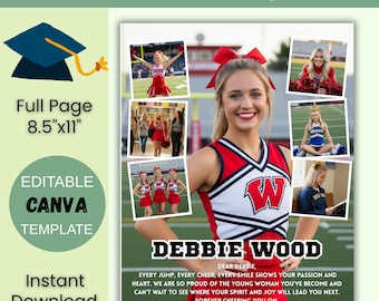 Cheerleader Yearbook Ad Template: High School Senior Tribute, Canva Editable (8.5"x11")