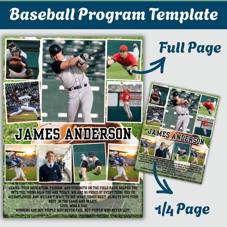 May include: A baseball program template featuring multiple action photos of a player, the name JAMES ANDERSON in bold black text, and a heartfelt message. The design includes a full-page layout and a 1/4 page layout option for sports events.