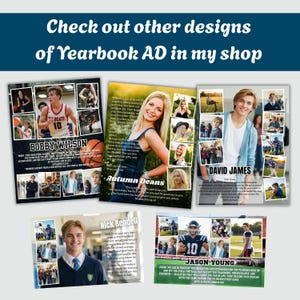 May include: A collection of five rectangular yearbook advertisement templates featuring various photo collages of students, sports imagery, and personalized text messages. Each layout includes placeholders for names like Bobby Wilson, Autumn Deans, David James, Nick Rendell, and Jason Young, with diverse color schemes and graphic elements.