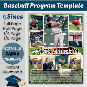May include: A baseball program template featuring the text Baseball Program Template, 4 Sizes, Full Page, Half Page, 1/4 Page, 1/8 Page, Editable Canva Template, Instant Download, and James Anderson. Includes multiple photos of a baseball player.