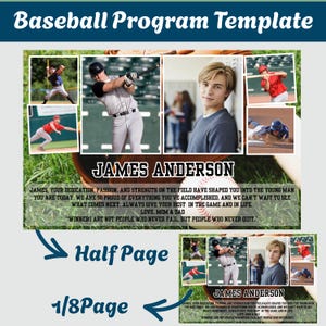 May include: A baseball program template featuring a collage of photos of a player in action and a portrait. The design includes the text 'JAMES ANDERSON', a personal message, and a quote, all set against a background of a baseball glove and ball.